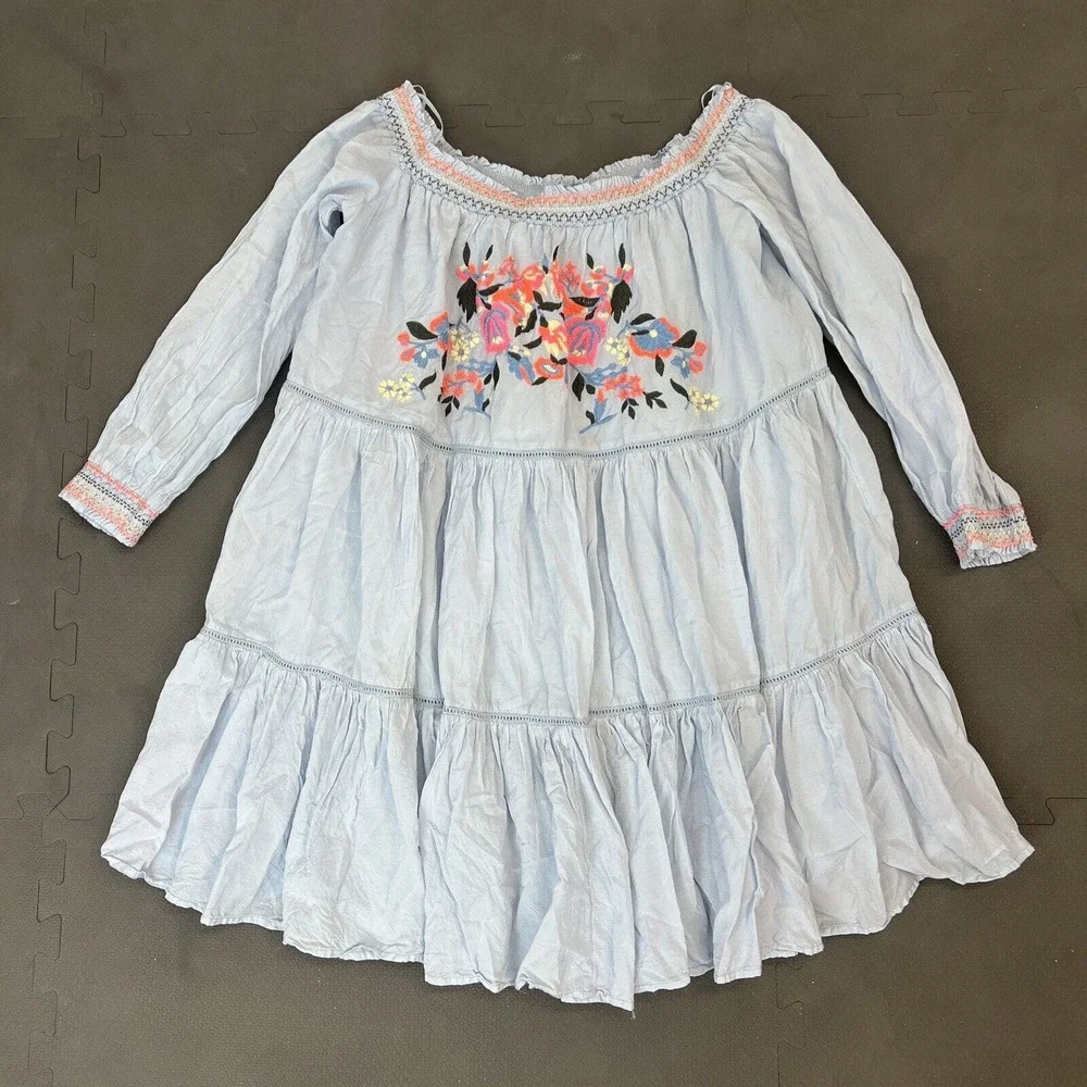 Free People Spell On You Floral Embroidered Dress 3/4 Sleeve Light Blue Medium - Picture 5 of 9